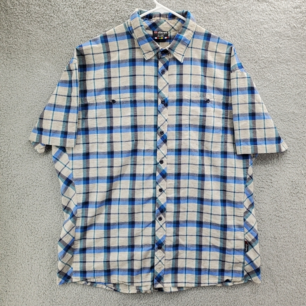Sherpa Adventure Gear Shirt Plaid Button Front Short Sleeve Mens Size XL Outdoor